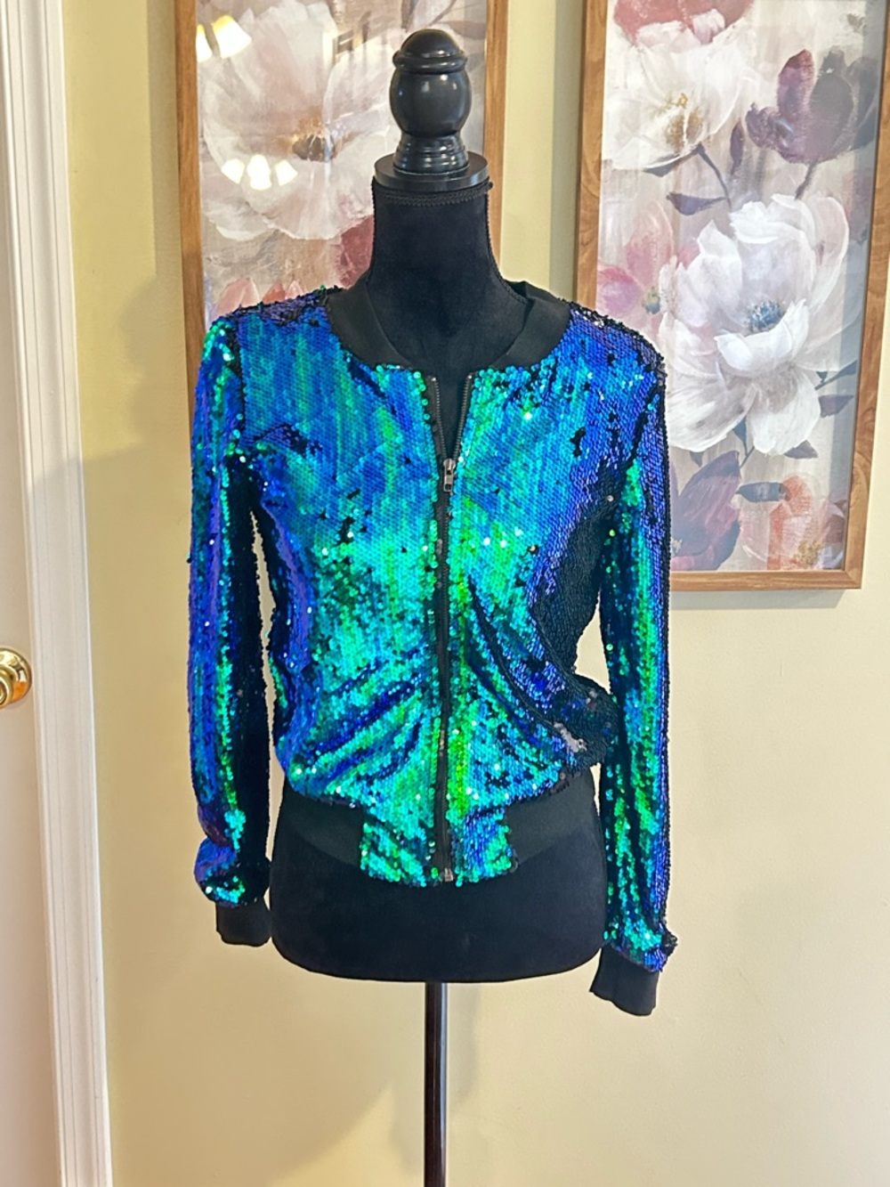 Iridescent Blue-Green Sequin Bomber Jacket